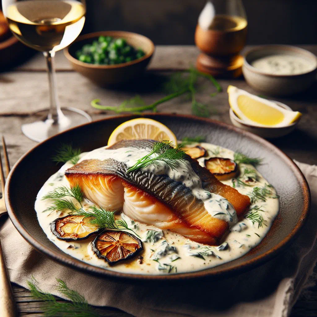 Golden pan-fried fish fillet topped with a creamy beetroot sauce