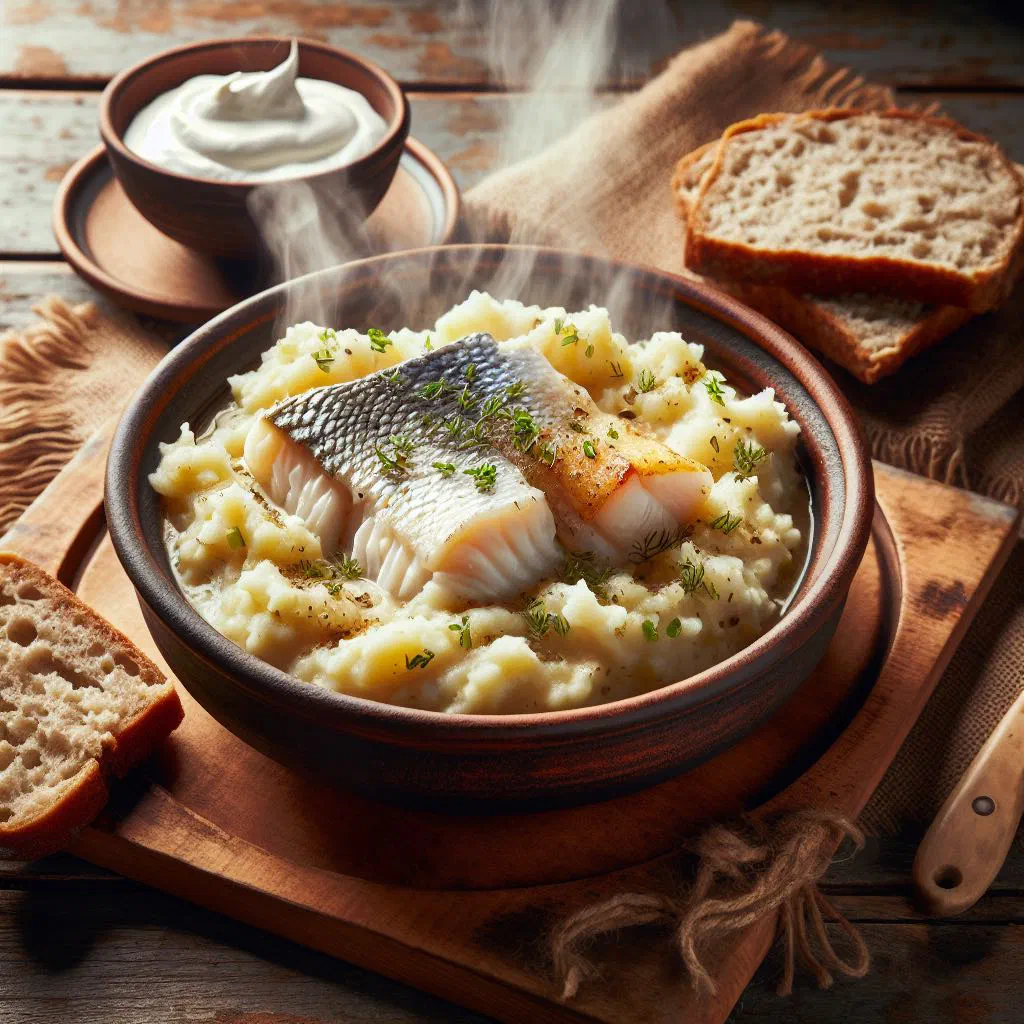 Creamy Icelandic plokkfiskur with flaked white fish, mashed potato and fresh dill