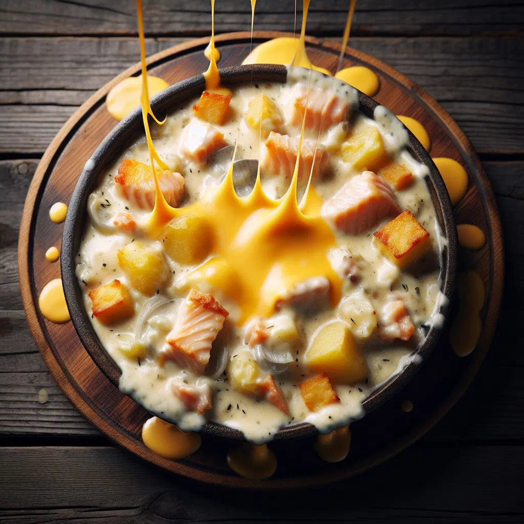 Creamy Icelandic plokkfiskur with melted cheese in a rustic bowl