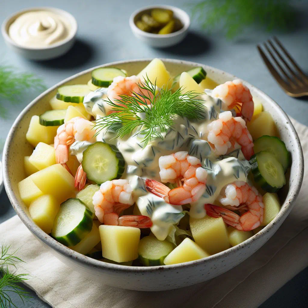 Creamy Icelandic prawn salad with fresh dill on a bed of leaves
