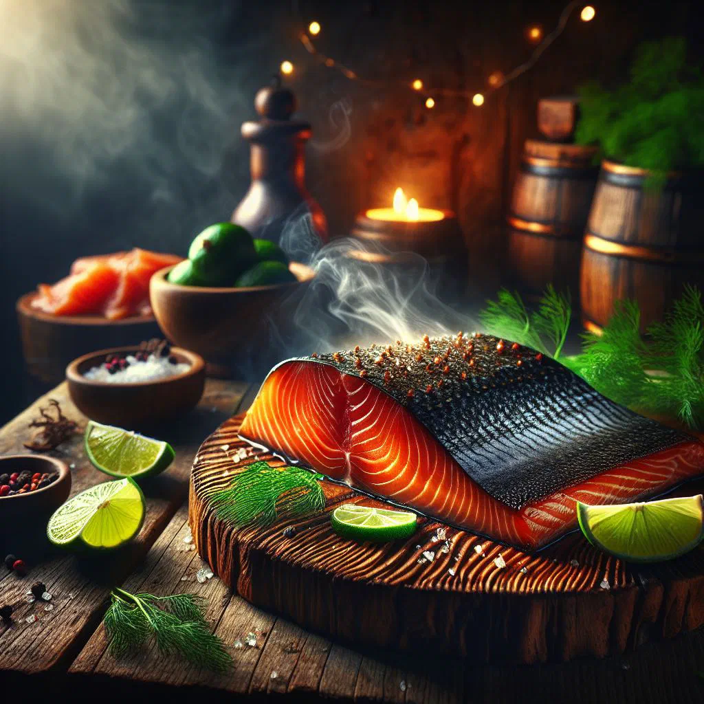 Thinly sliced Icelandic smoked salmon with dill and lemon on a wooden board