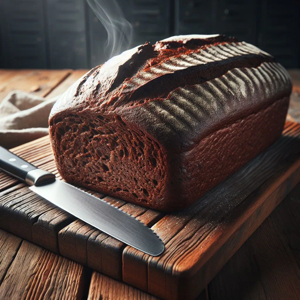 Dark Icelandic rye bread sliced on a wooden board with butter