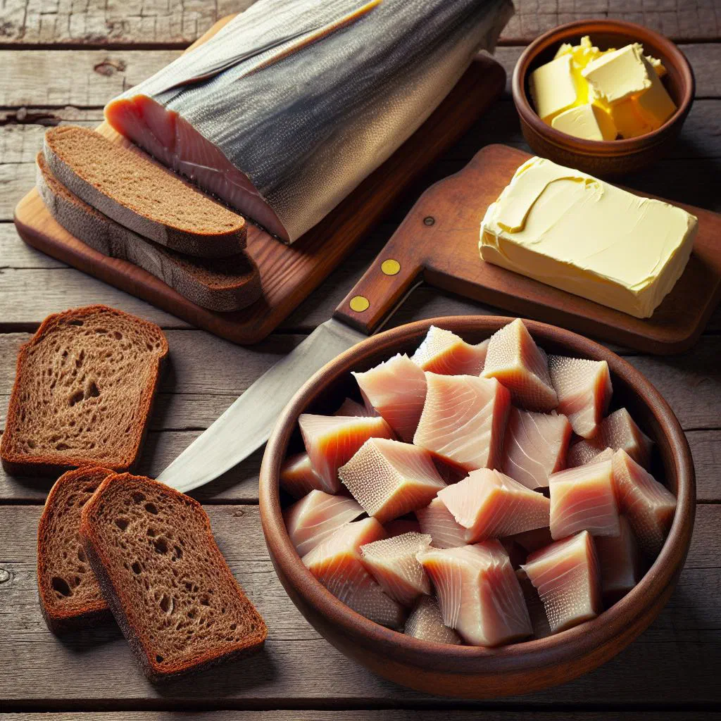 Smoked skerfiskur fish fillets on a wooden board with dill and lemon