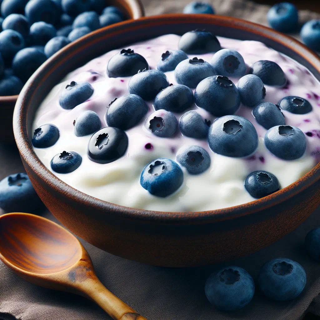 Creamy skyr topped with fresh blueberries and a drizzle of honey