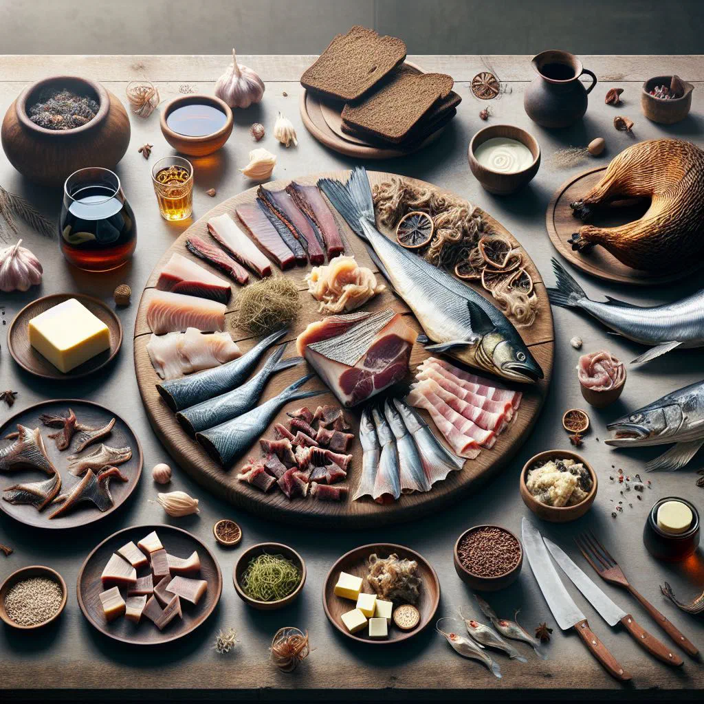 Platter of Icelandic Thorramatur with dried lamb, fermented shark, rye bread and pickles