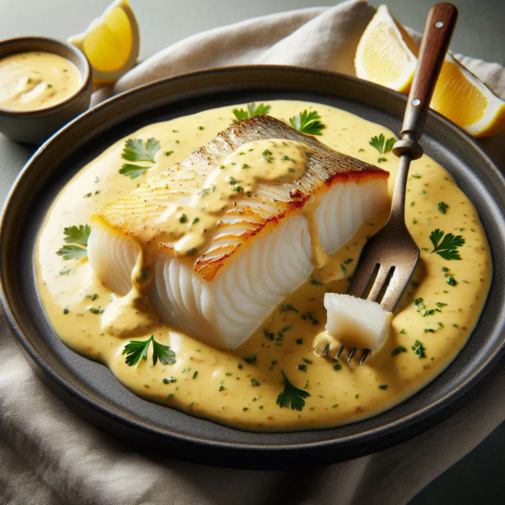 Pan-fried cod loin topped with creamy béarnaise sauce and fresh herbs