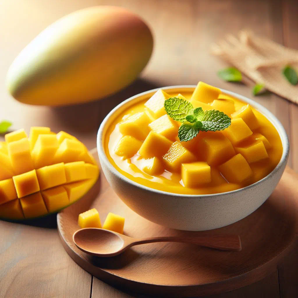 Bowl of creamy golden aamras garnished with mint leaves