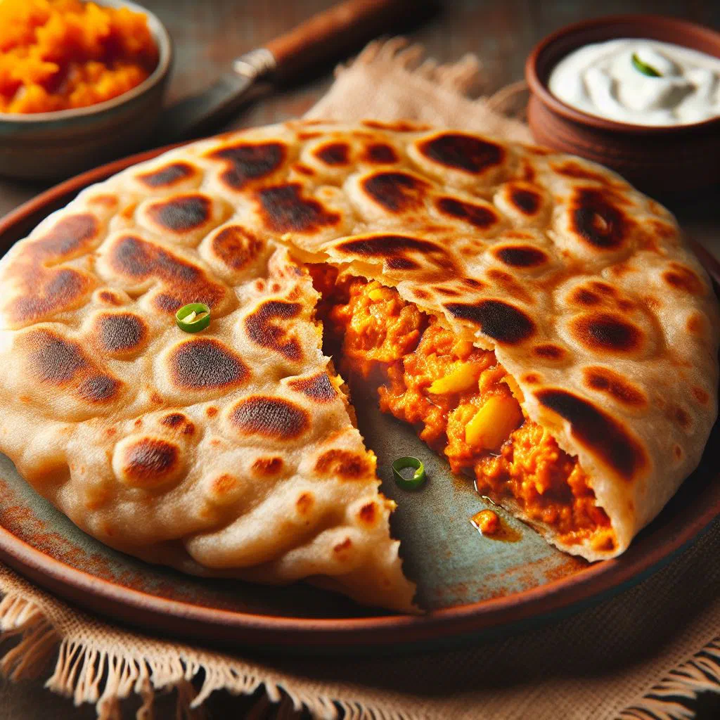 Golden aloo paratha served with yoghurt and fresh coriander