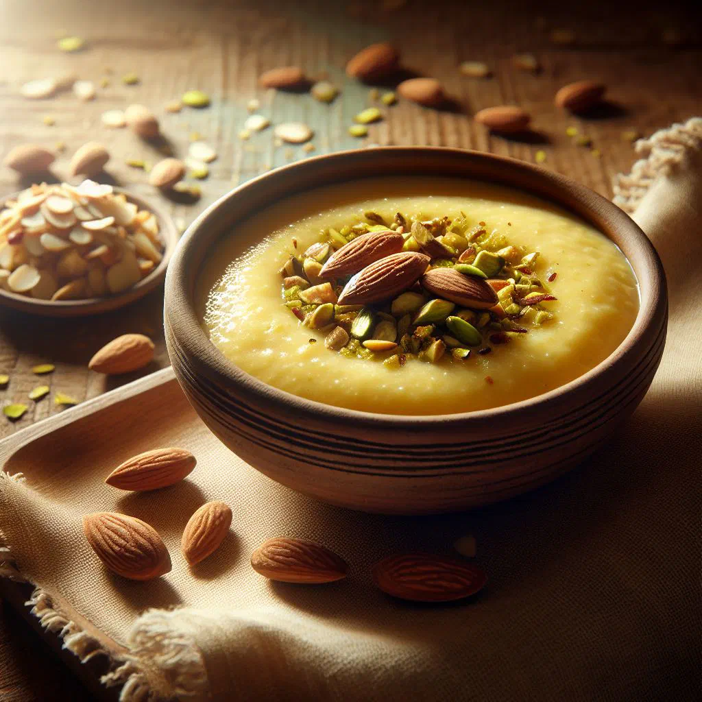 Bowl of creamy basundi topped with chopped almonds and cashews
