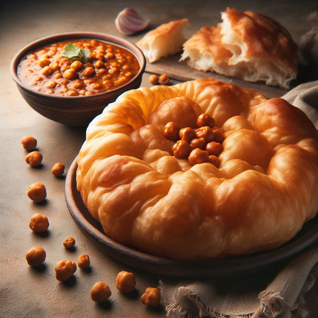 Golden, puffed bhatura fried bread fresh from the pan