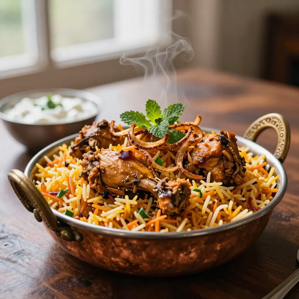 Fragrant biryani with fluffy basmati rice, golden onions and fresh coriander