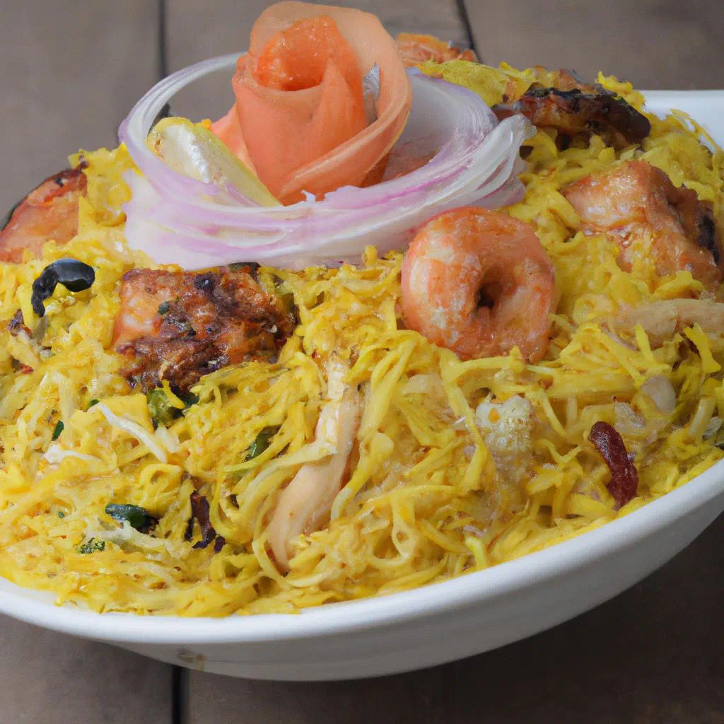 Fragrant biryani with fluffy basmati rice, golden onions and fresh coriander