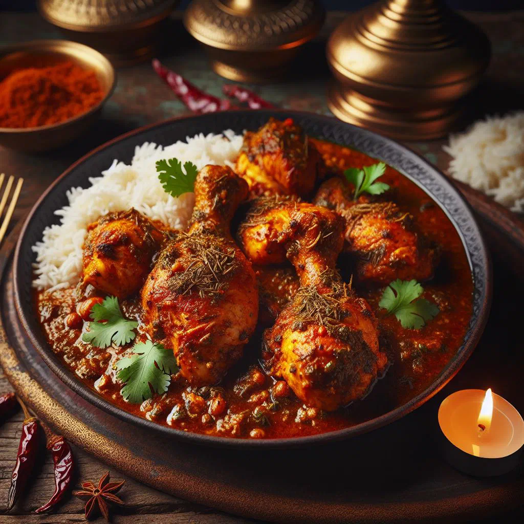 Chettinad chicken in a dark spiced coconut sauce garnished with fresh coriander