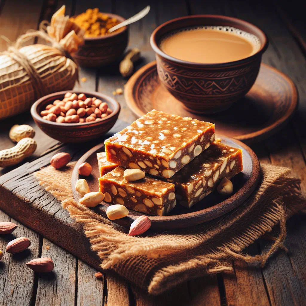 Crunchy peanut chikki bars cut into pieces