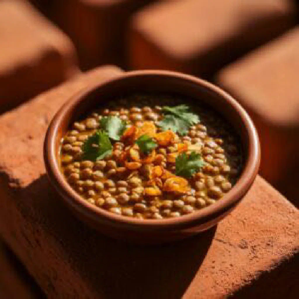 A bowl of Bengali cholar dal garnished with coconut and fresh coriander