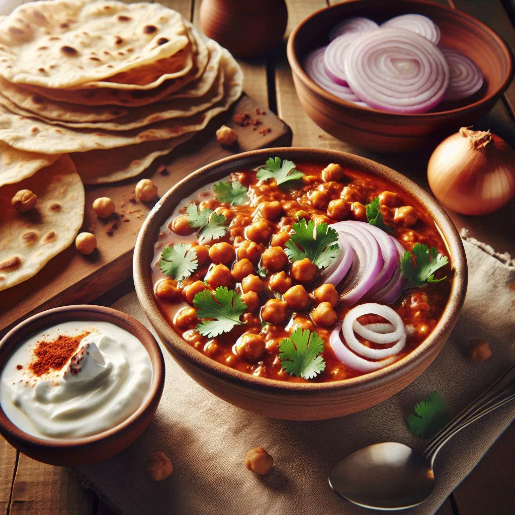Chole chickpea curry in tomato sauce garnished with fresh coriander