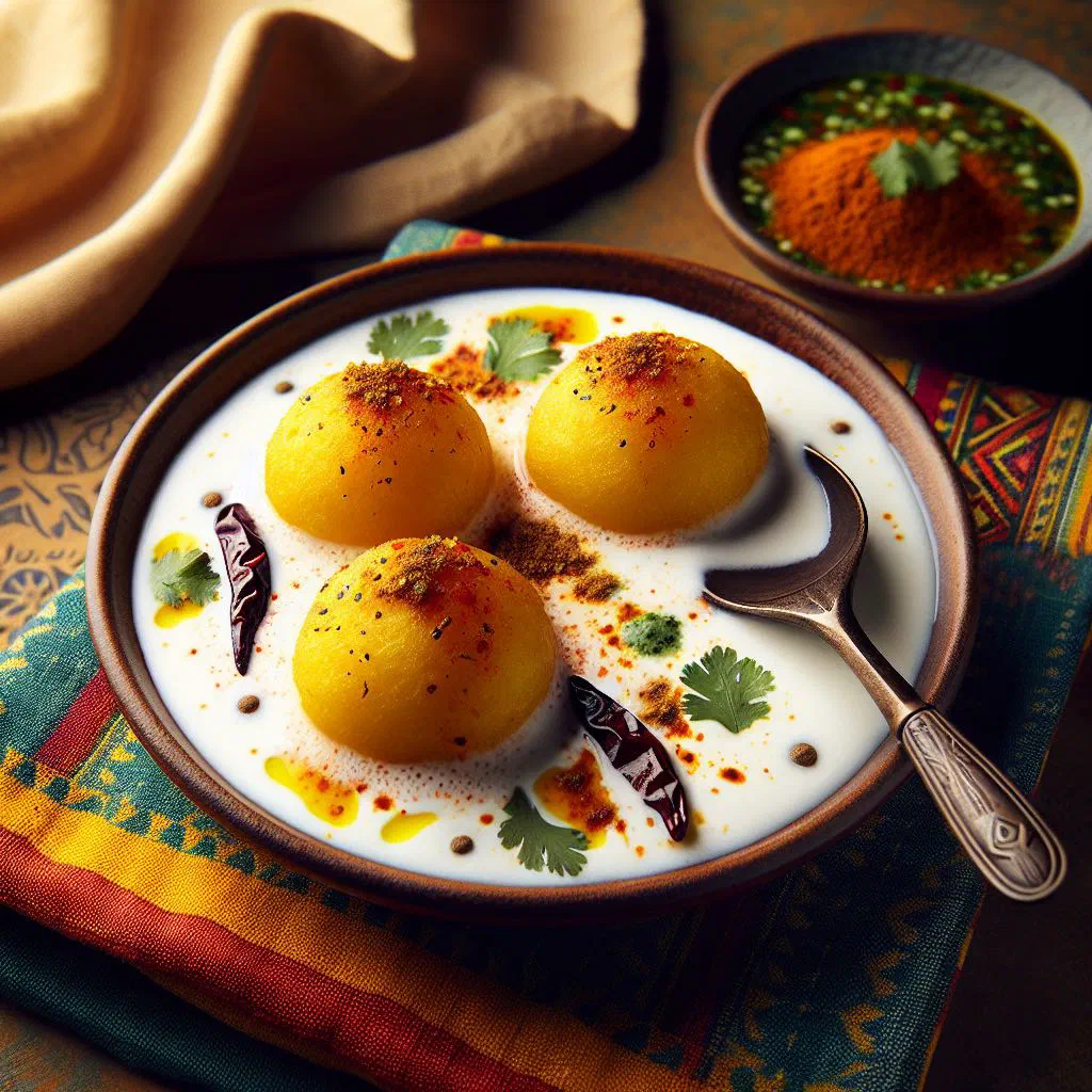 Dahi vada lentil dumplings in creamy yoghurt topped with chutney and chilli