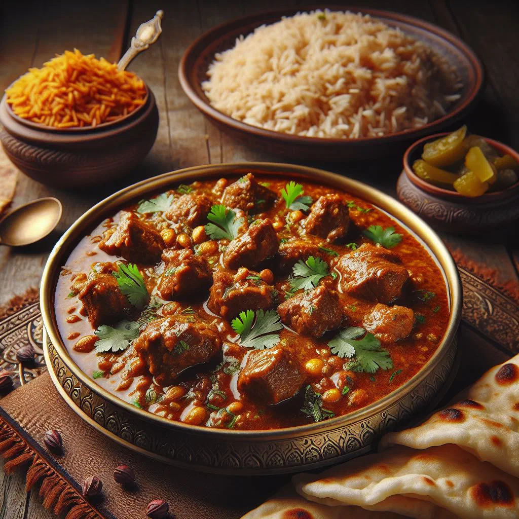Dhansak lentil and meat curry served with rice and fresh coriander