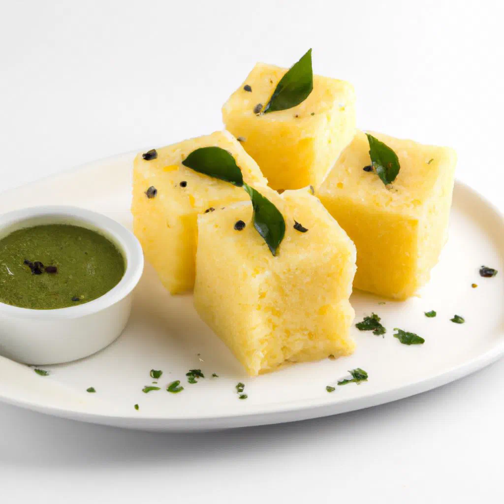Soft yellow steamed dhokla squares garnished with fresh coriander