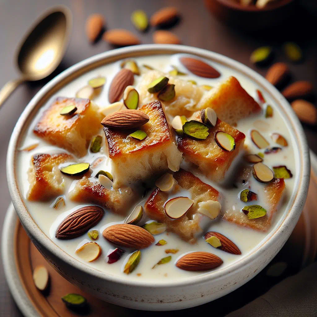 Double ka meetha bread pudding topped with cashews, raisins and saffron
