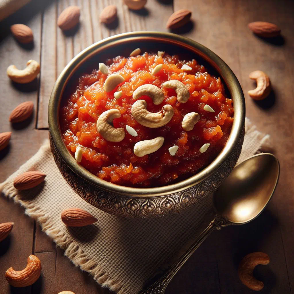 Warm gajar halwa garnished with chopped nuts in a small bowl