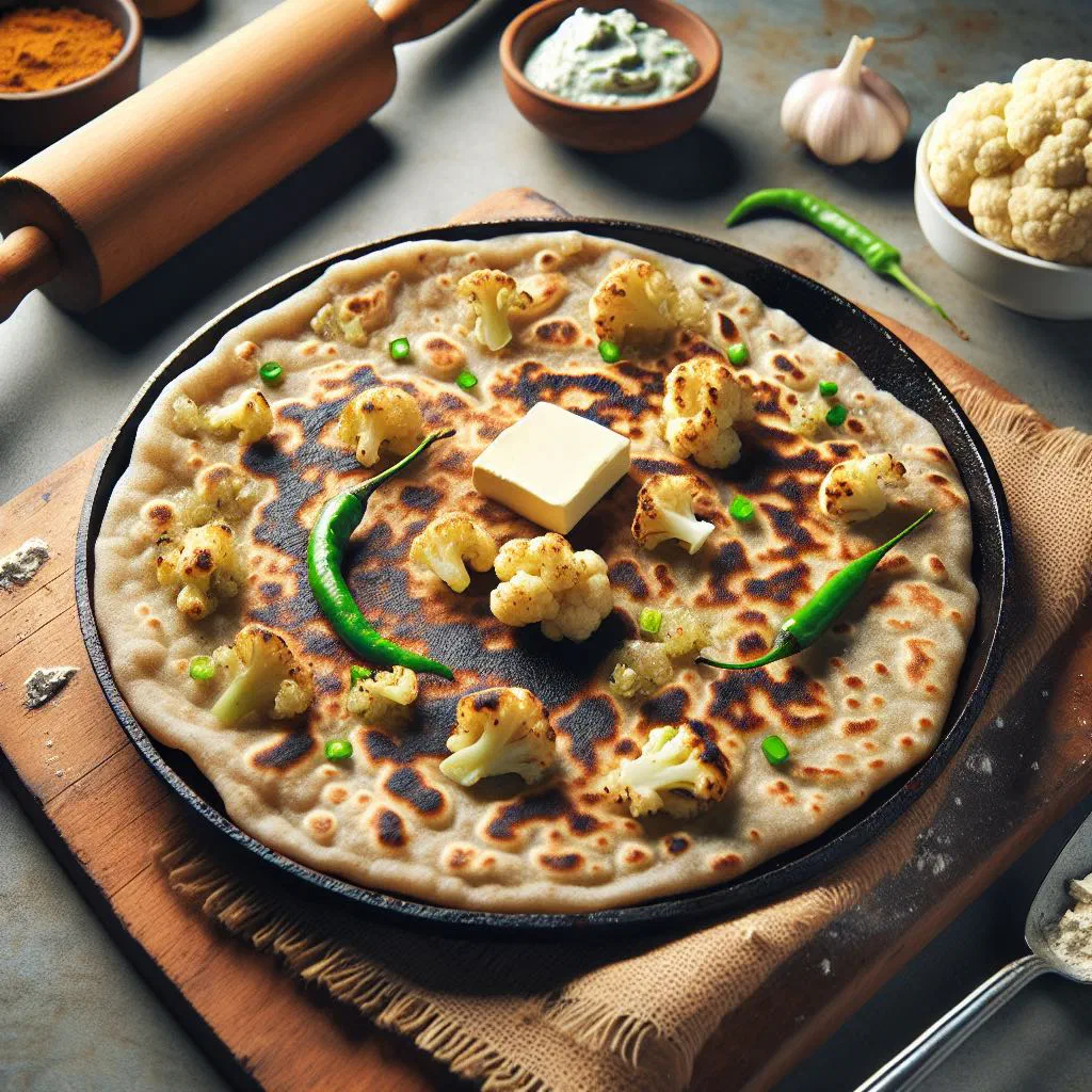 Stuffed gobi paratha flatbreads cooked golden, served with yoghurt