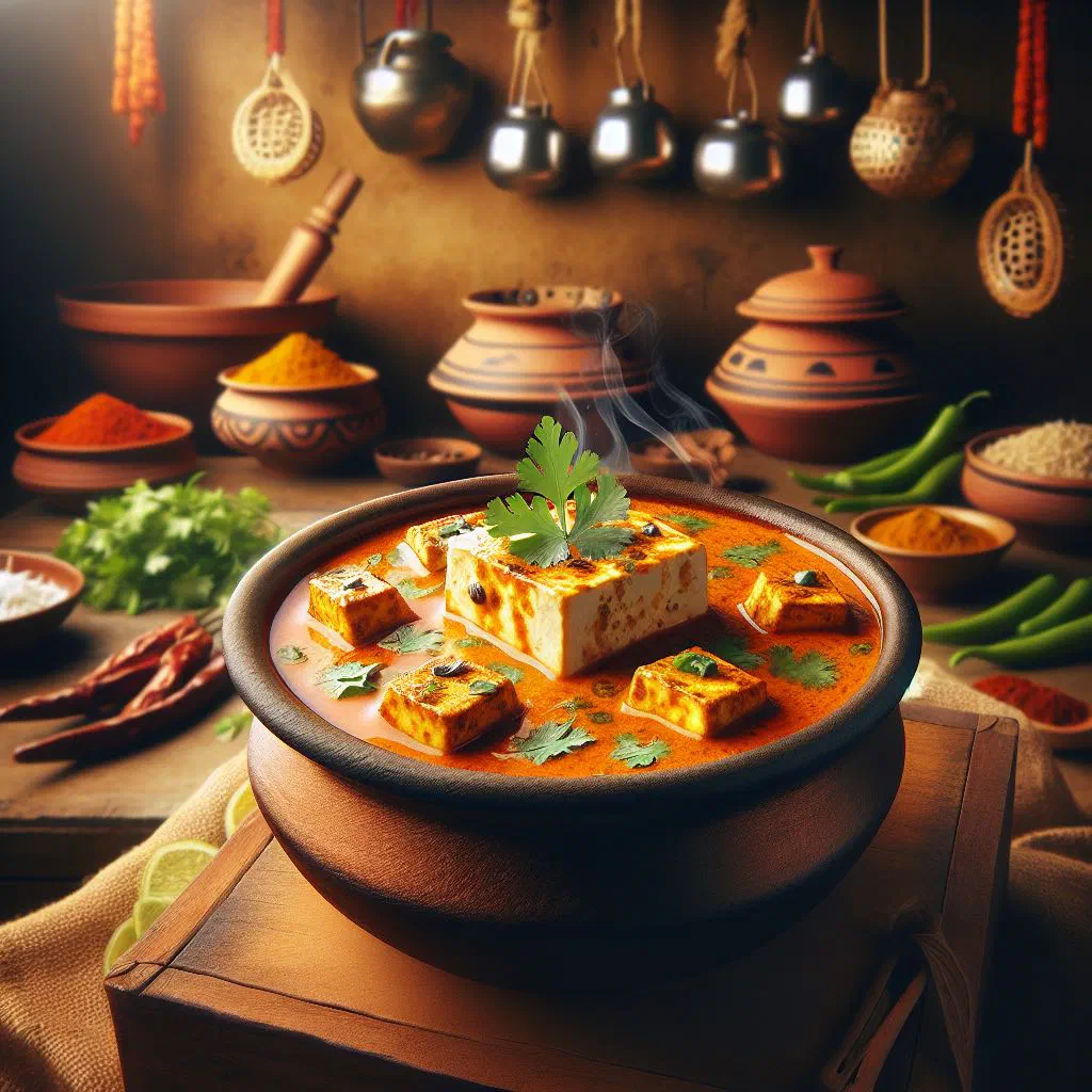 Handi paneer in a creamy spiced tomato sauce garnished with coriander