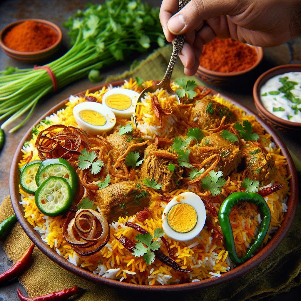 Fragrant Hyderabadi biryani with saffron-tinged basmati rice and tender meat, garnished with coriander and mint