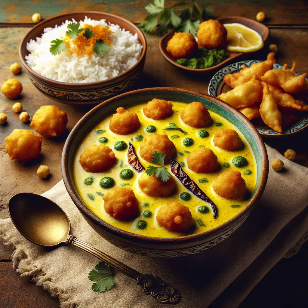 Kadhi pakora with crisp gram flour fritters in a golden yoghurt sauce, garnished with coriander