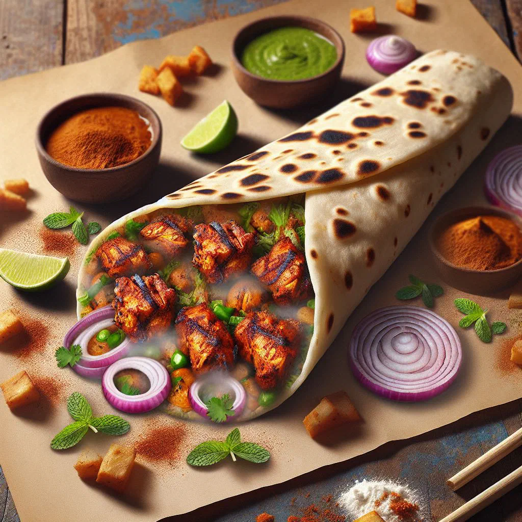 Kathi roll filled with spiced chicken, peppers and fresh coriander