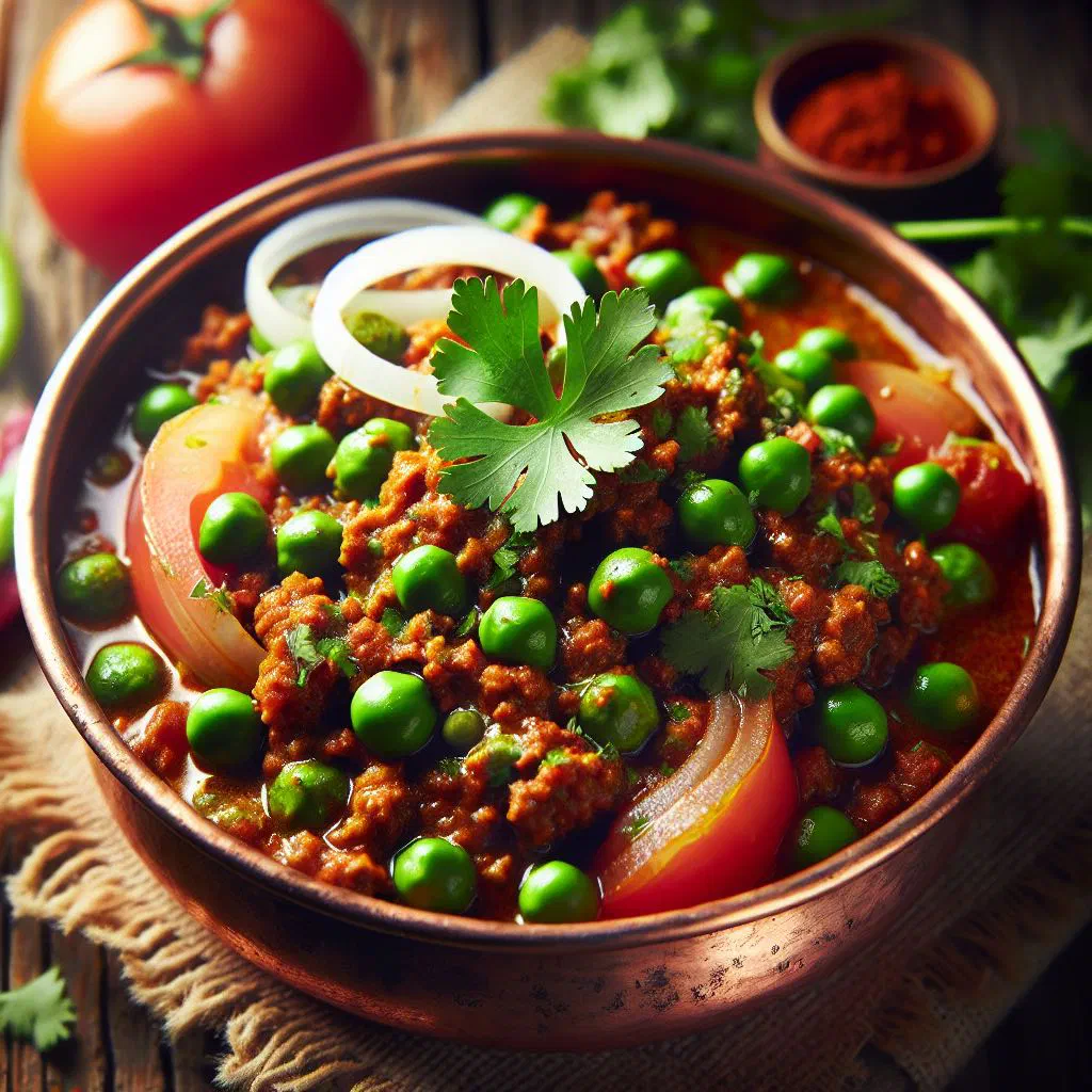 Keema matar of spiced minced meat and green peas garnished with fresh coriander