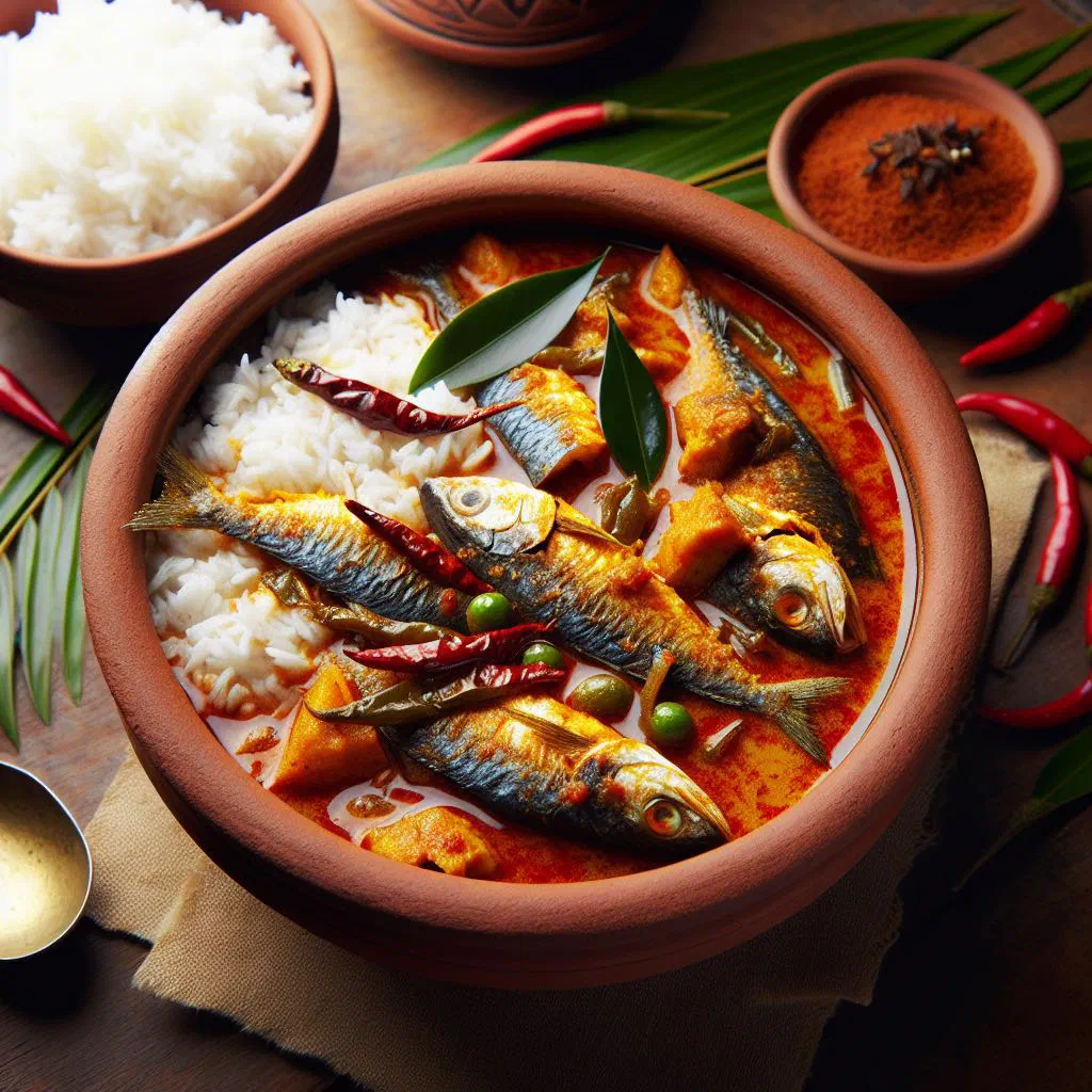 Kerala fish curry in a creamy coconut sauce, garnished with fresh coriander