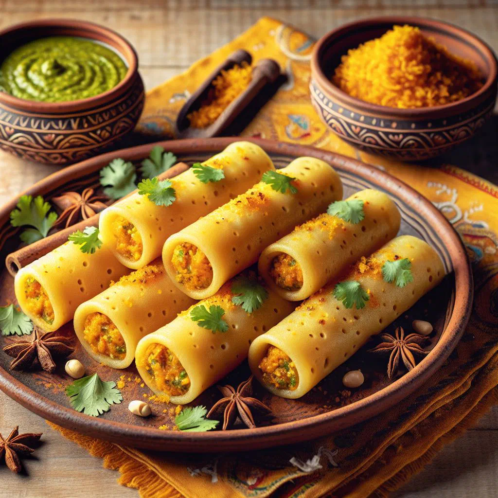 Rolled khandvi garnished with mustard seeds, peanuts and fresh coriander