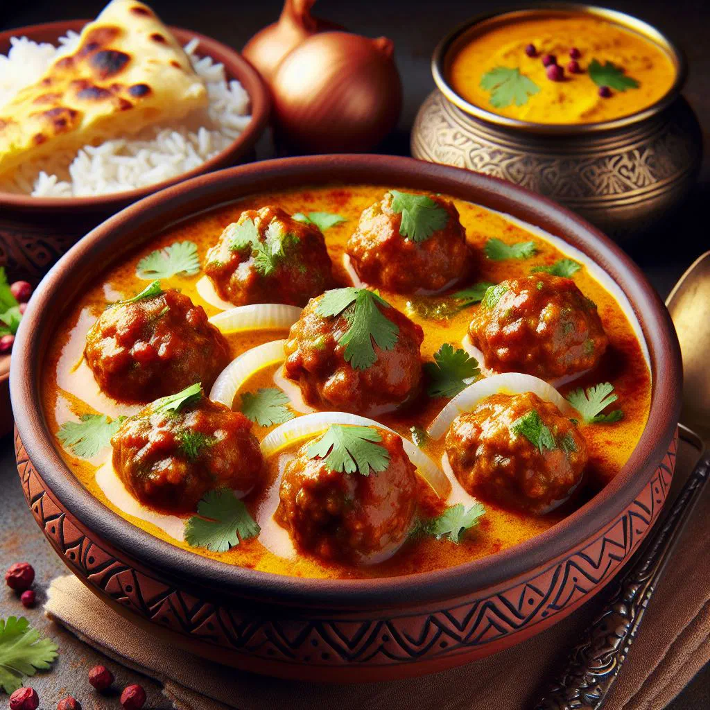 Kofta curry with potato dumplings in a creamy tomato sauce, garnished with coriander