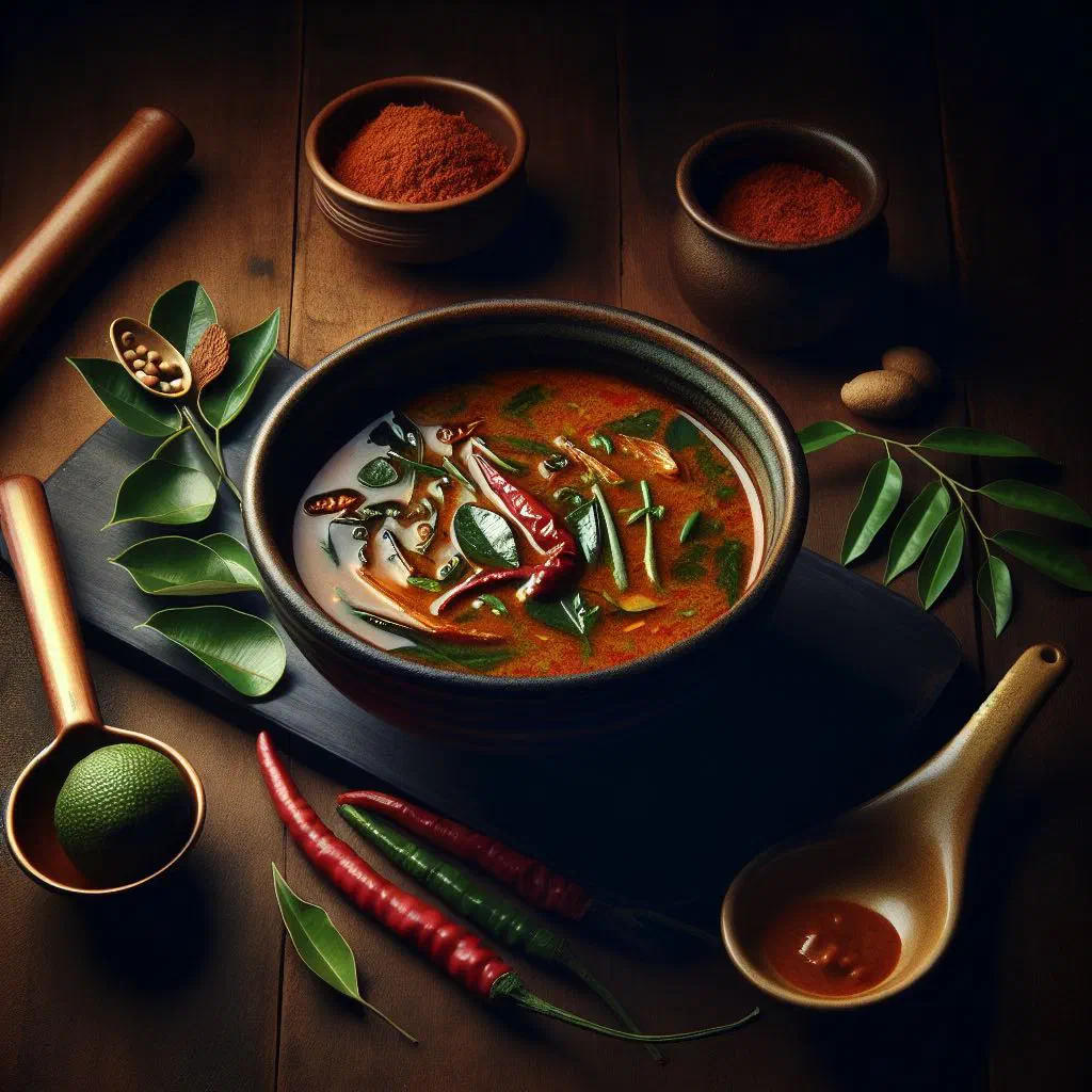 A bowl of South Indian kuzhambu curry garnished with fresh coriander