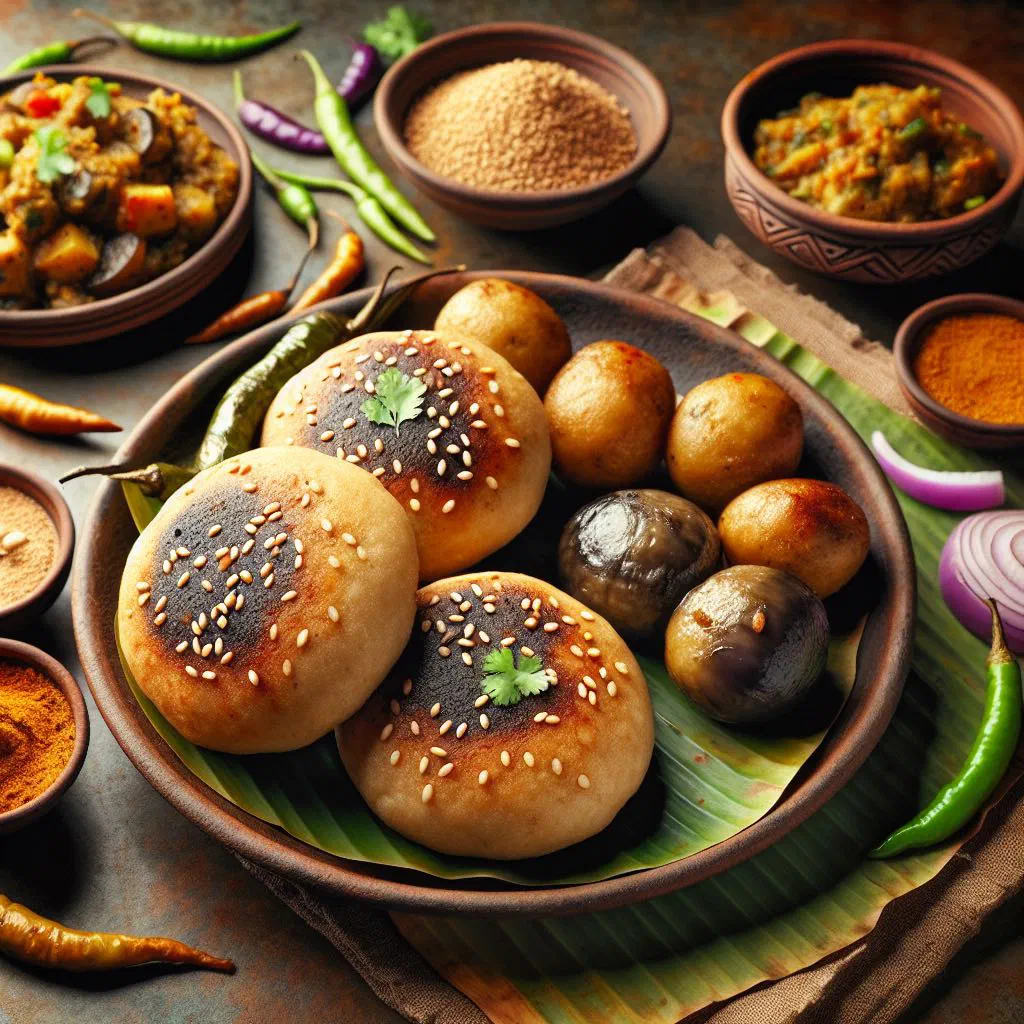 Roasted litti dough balls served with smoky aubergine and tomato chokha