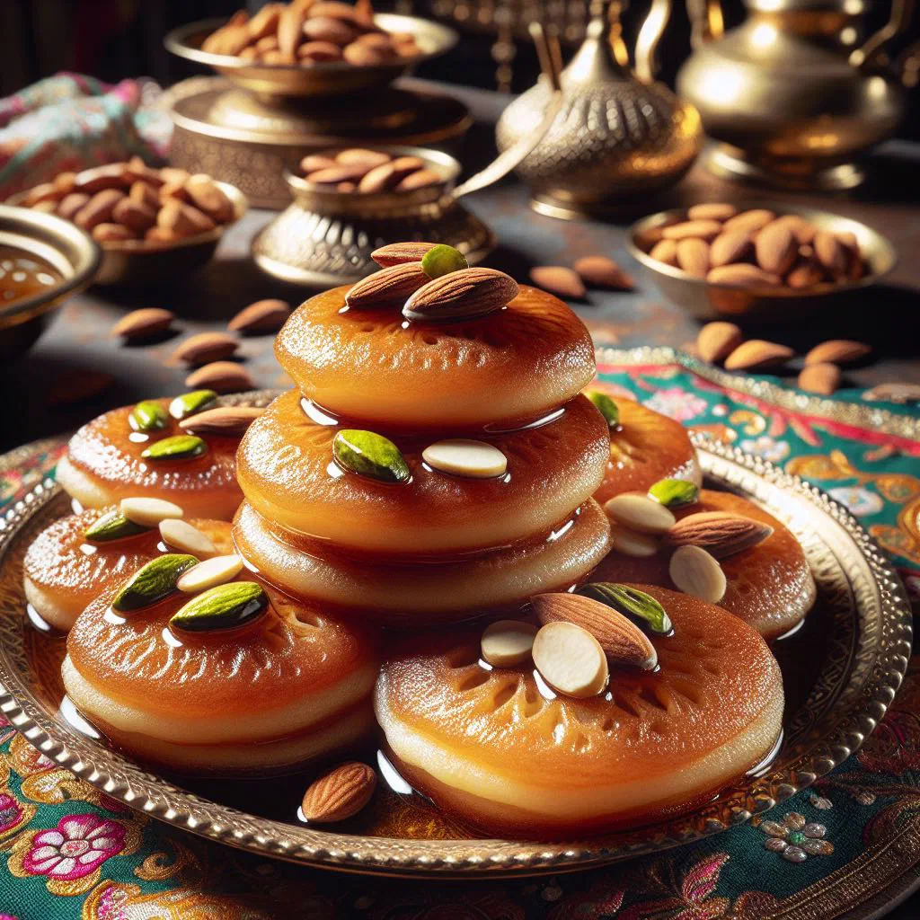 Golden malpua pancakes soaked in syrup and garnished with chopped nuts