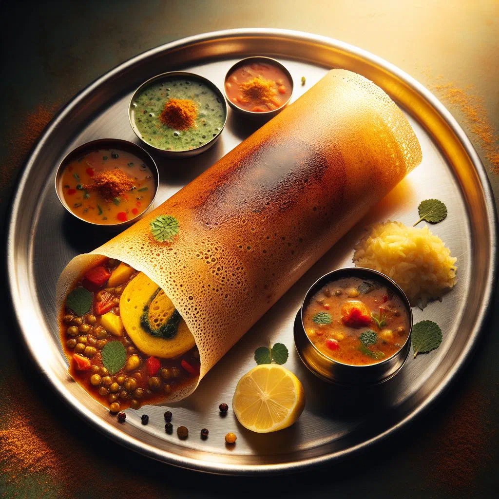 Crispy golden masala dosa filled with spiced potato curry, served with chutney and sambar