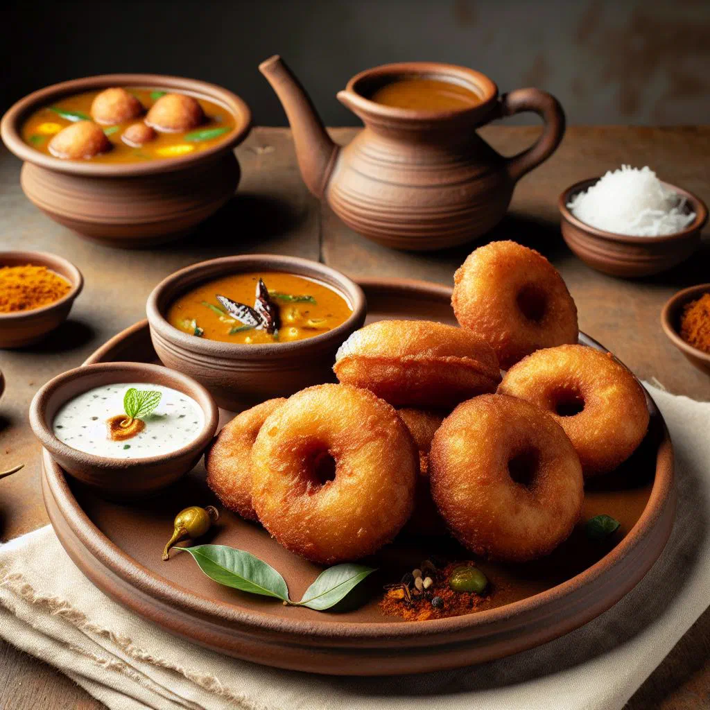 Crispy golden medu vada lentil doughnuts served with chutney