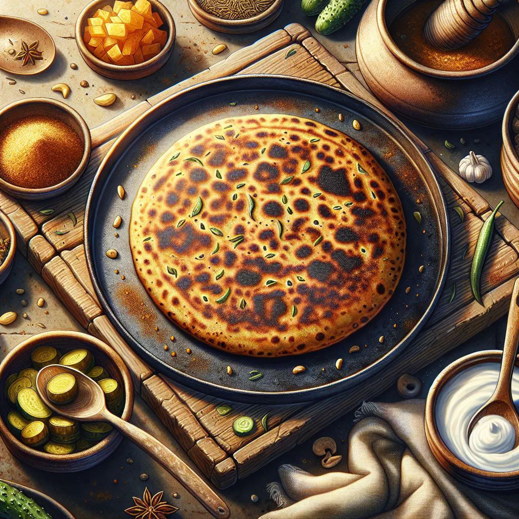 Stack of methi thepla flatbreads served with yoghurt and pickle