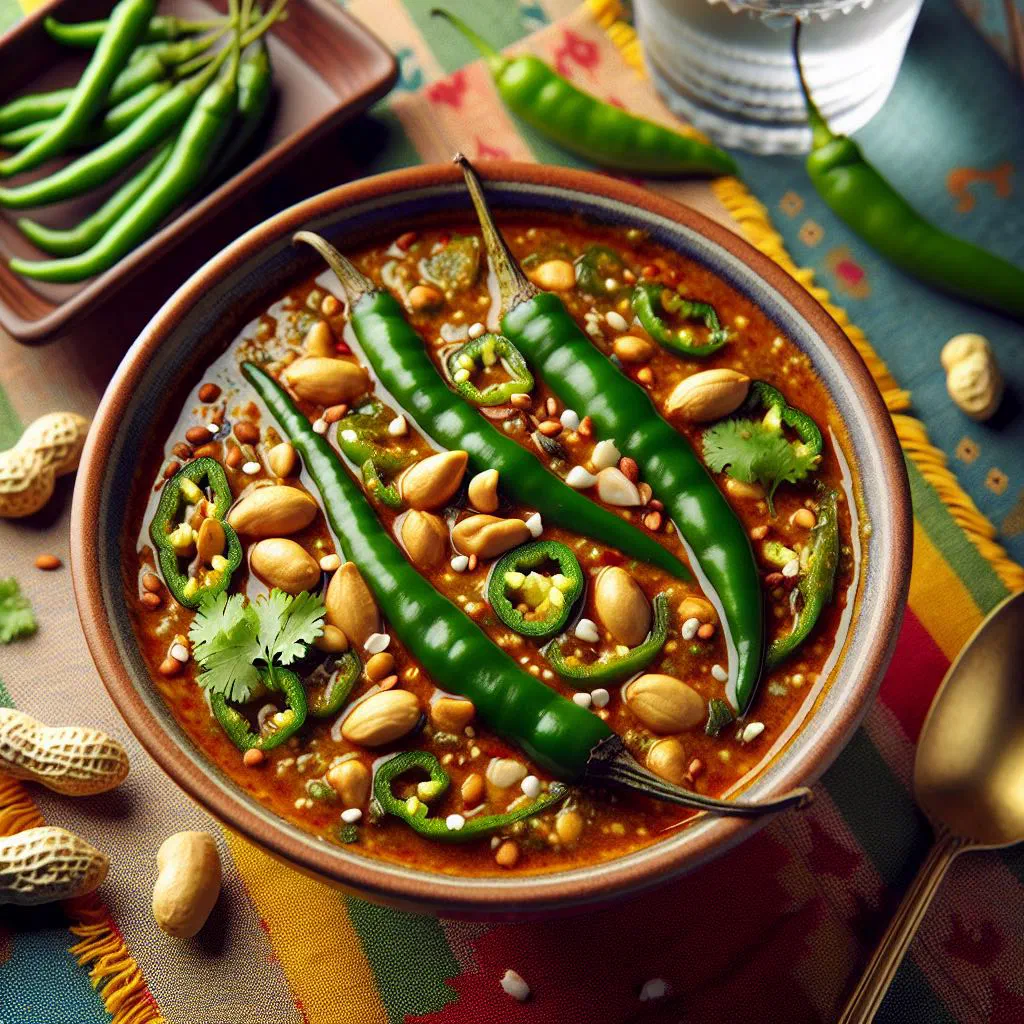 Mirchi ka salan with green chillies in a creamy peanut and coconut sauce