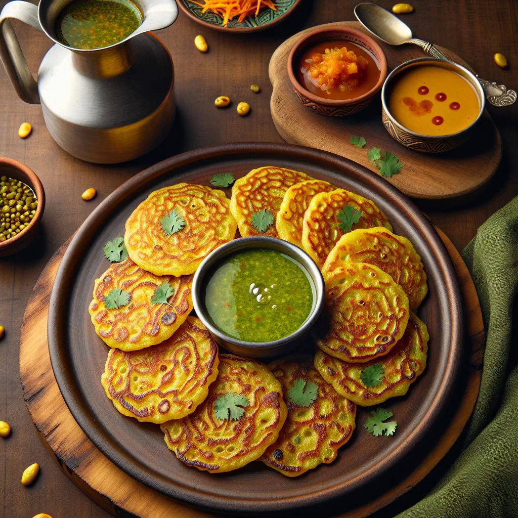 Golden moong dal chilla pancakes served with green chutney