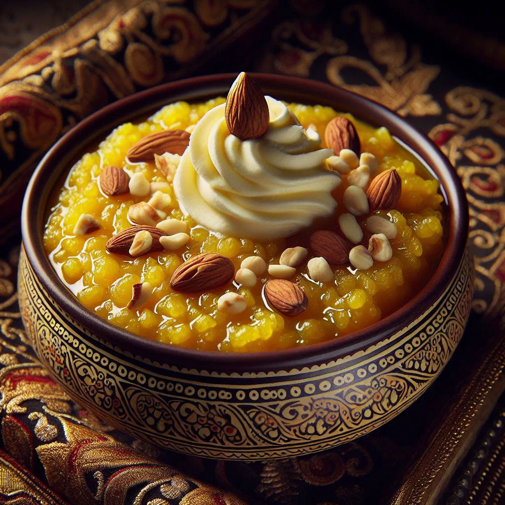 Warm moong dal halwa topped with chopped nuts in a small bowl
