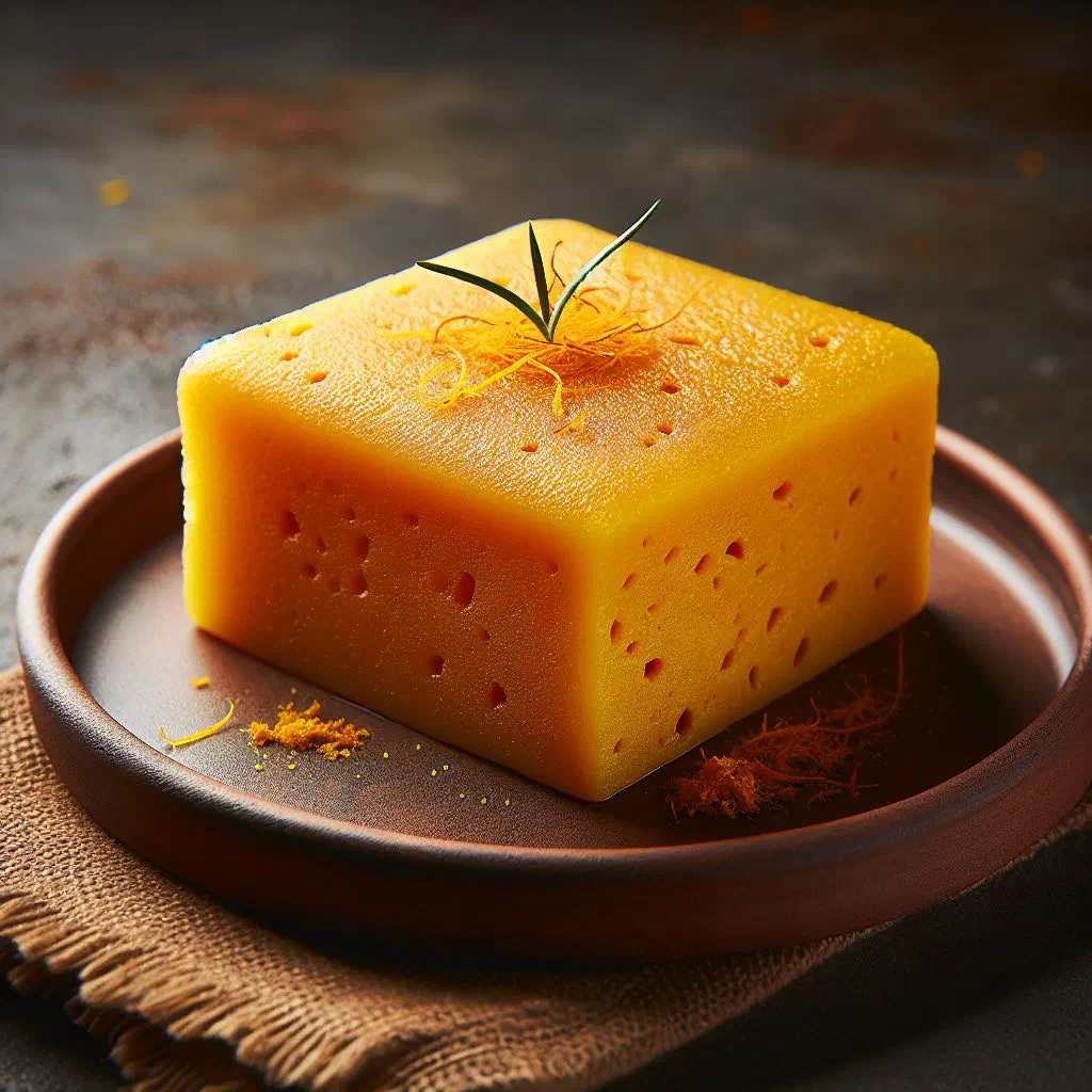 Golden squares of Mysore Pak dusted with chopped nuts on a plate