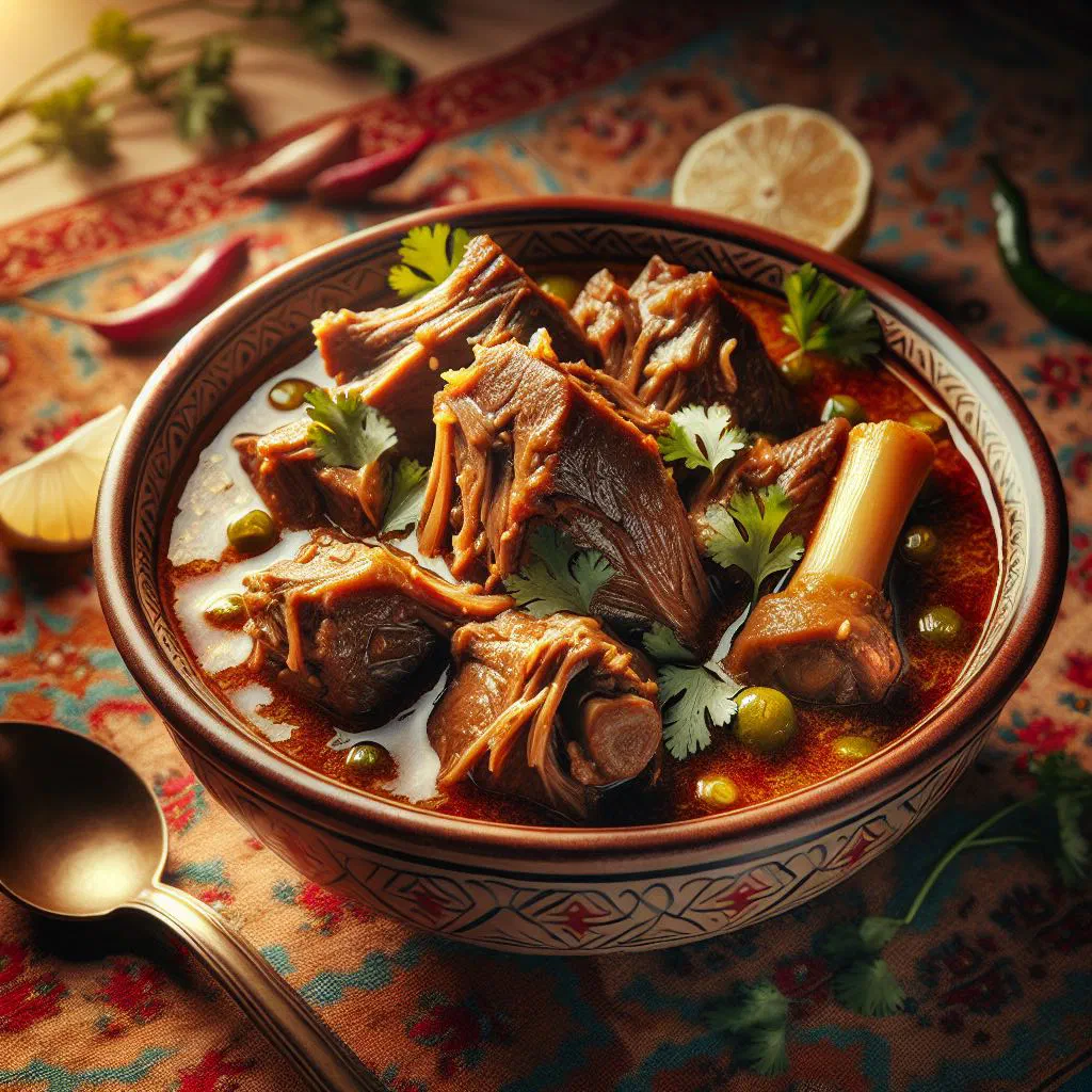 A bowl of slow-cooked nihari with tender meat and fresh coriander