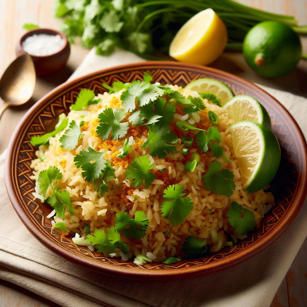 A bowl of poha garnished with fresh coriander, peanuts and lime