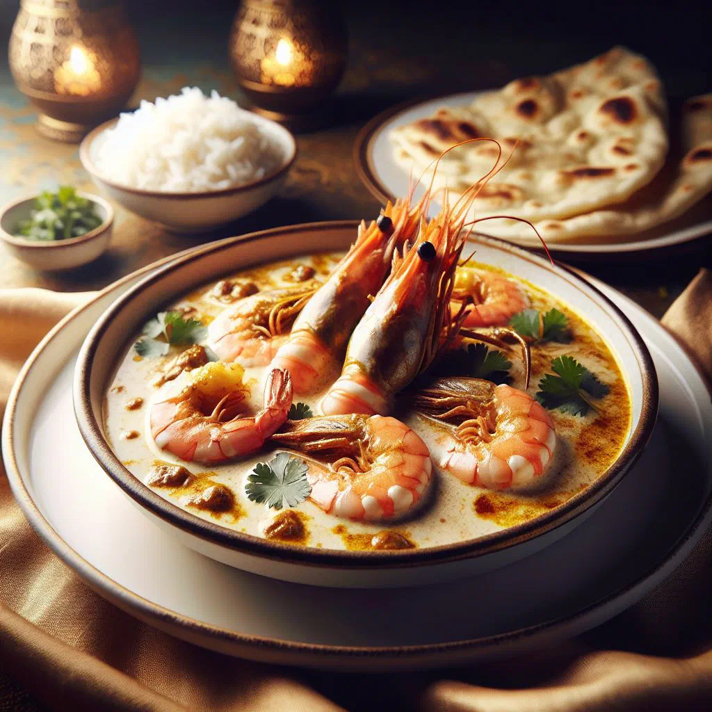 Prawn malai curry in a creamy coconut sauce garnished with fresh coriander