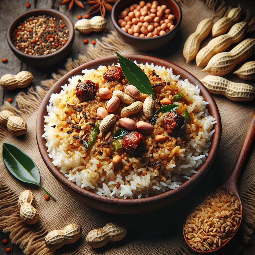 Puliogare tamarind rice garnished with peanuts and fresh coriander