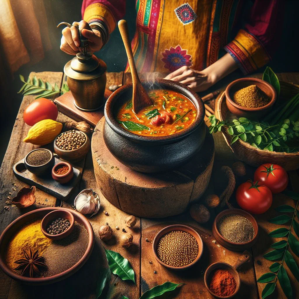 A bowl of rasam garnished with fresh coriander leaves