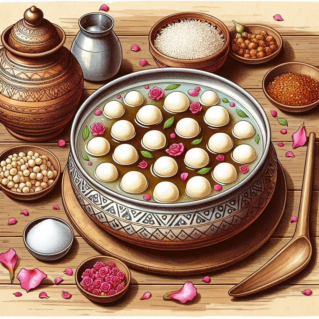 Soft white rasgulla balls soaking in sugar syrup